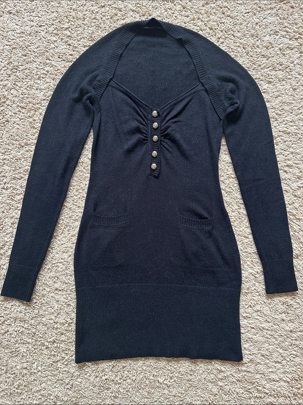 Y2K Long Sleeve Black Knit Button-Front Women's Sweater Dress